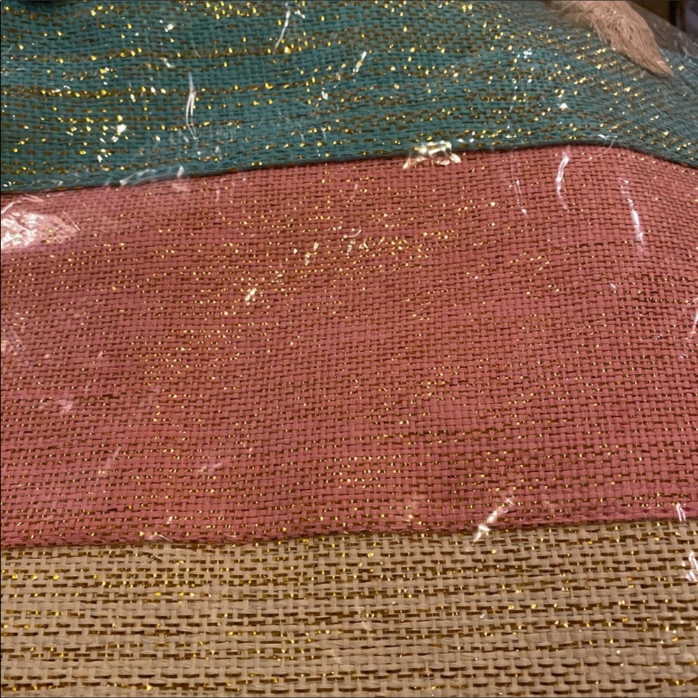 Large Burlap Tote Aqua Pink Beige Gold Rope Handle - Picture 4 of 4